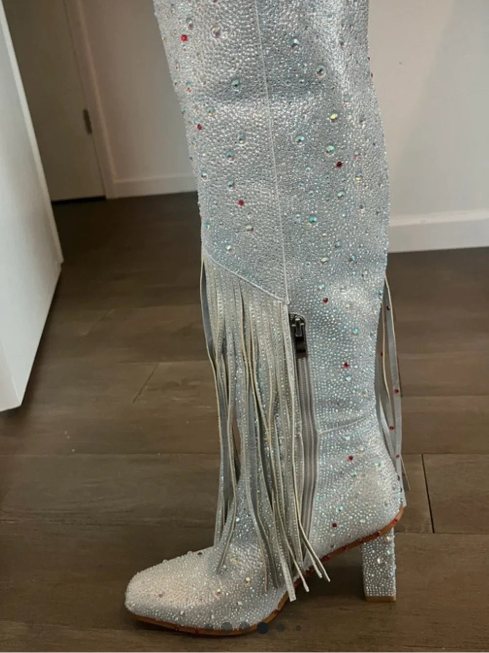 Silver Crystal Over-the-Knee Block Heel Boots with Fringe